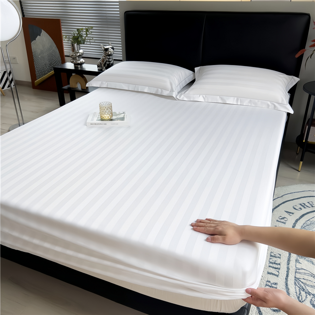 Drap-housse &agrave; rayures de couleur blanche 100 % coton pour h&ocirc;tel 